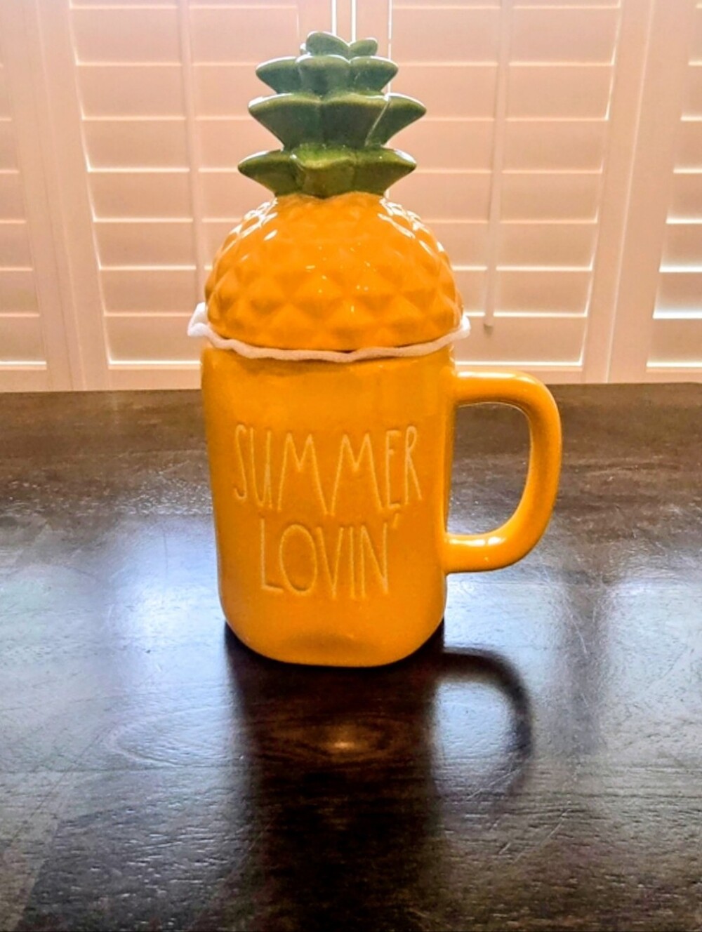 Rae Dunn Yellow Pineapple Mug with Green Top Lid
